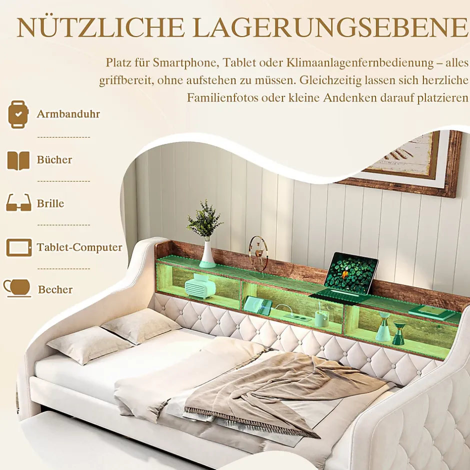 Okwish Lit Gigogne 90x190 cm Beige avec Rangement Intégré, Éclairage LED et Port USB, Tissu Velours Best