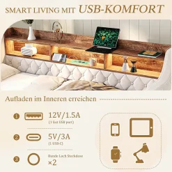 Okwish Lit Gigogne 90x190 cm Beige avec Rangement Intégré, Éclairage LED et Port USB, Tissu Velours Best