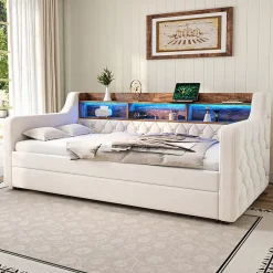 Okwish Lit Gigogne 90x190 cm Beige avec Rangement Intégré, Éclairage LED et Port USB, Tissu Velours Best