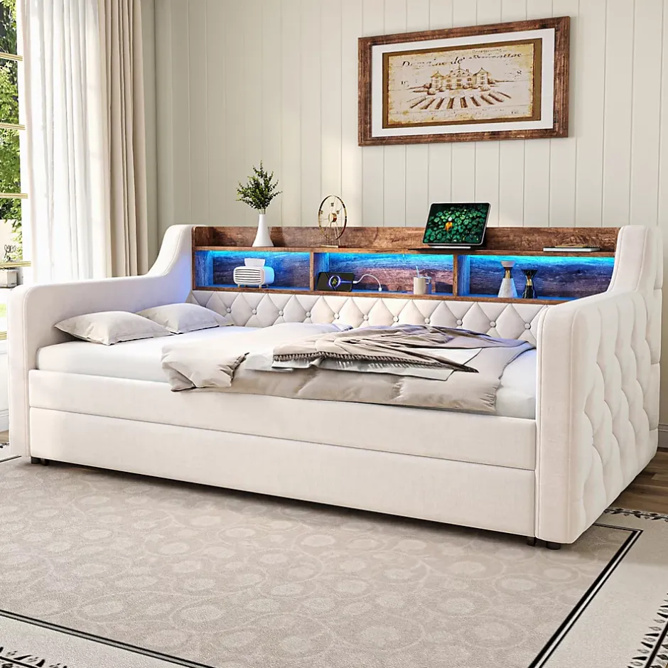 Okwish Lit Gigogne 90x190 cm Beige avec Rangement Intégré, Éclairage LED et Port USB, Tissu Velours Best