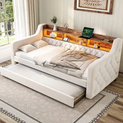 Okwish Lit Gigogne 90x190 cm Beige avec Rangement Intégré, Éclairage LED et Port USB, Tissu Velours Best