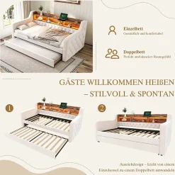 Okwish Lit Gigogne 90x190 cm Beige avec Rangement Intégré, Éclairage LED et Port USB, Tissu Velours Best