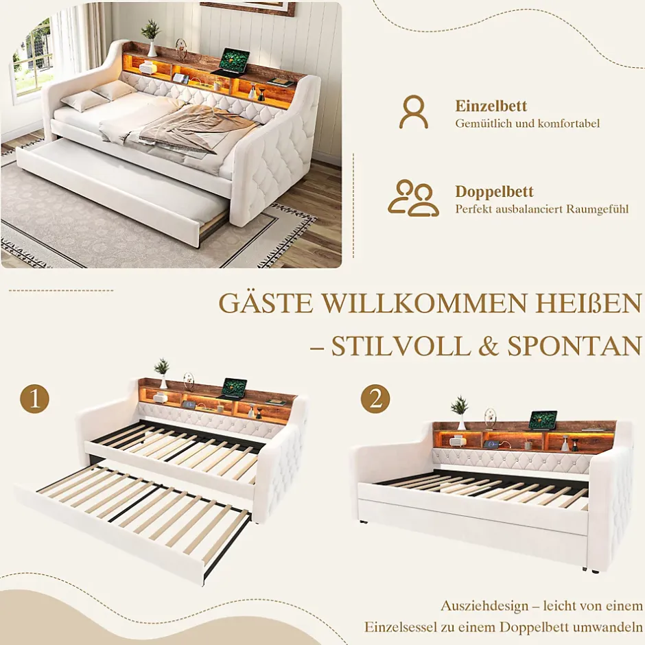 Okwish Lit Gigogne 90x190 cm Beige avec Rangement Intégré, Éclairage LED et Port USB, Tissu Velours Best
