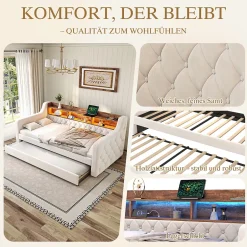 Okwish Lit Gigogne 90x190 cm Beige avec Rangement Intégré, Éclairage LED et Port USB, Tissu Velours Best