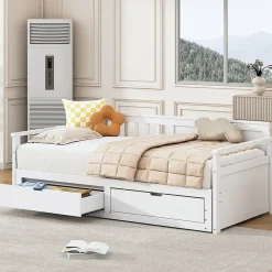 Okwish Lit Gigogne 90/180x190 cm Bois Blanc avec Tiroirs et Lit Sur Roulettes, Multifonction pour Chambre enfant, Blanc
