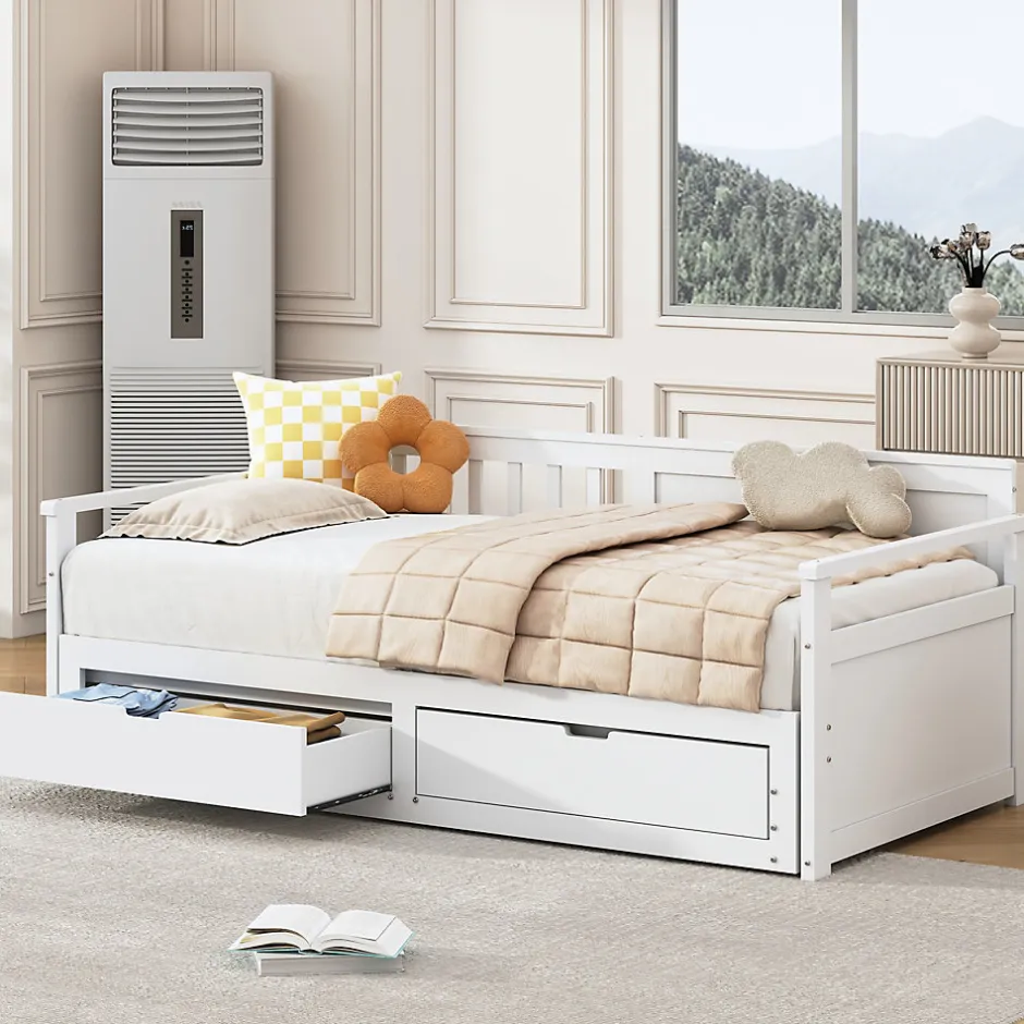 Okwish Lit Gigogne 90/180x190 cm Bois Blanc avec Tiroirs et Lit Sur Roulettes, Multifonction pour Chambre enfant, Blanc