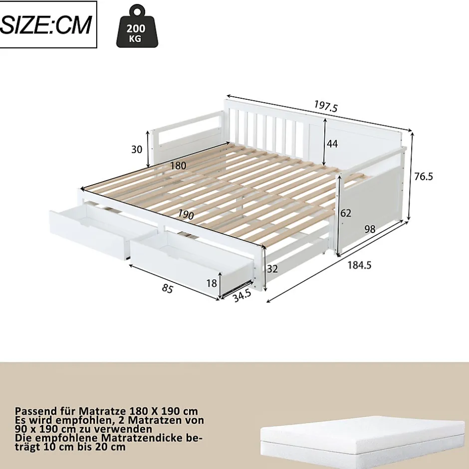 Okwish Lit Gigogne 90/180x190 cm Bois Blanc avec Tiroirs et Lit Sur Roulettes, Multifonction pour Chambre enfant, Blanc