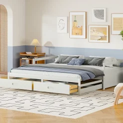 Okwish Lit Gigogne 90/180x190 cm Bois Blanc avec Tiroirs et Sommier À Lattes, Multifonction pour Chambre enfant, Blanc Online
