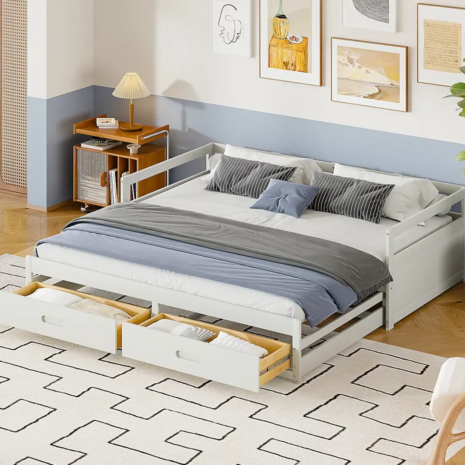 Okwish Lit Gigogne 90/180x190 cm Bois Blanc avec Tiroirs et Sommier À Lattes, Multifonction pour Chambre enfant, Blanc Online