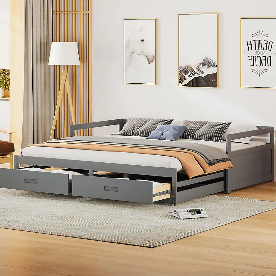 Okwish Lit Gigogne 90/180x190 cm Bois Gris avec Tiroirs et Sommier À Lattes, Multifonction pour Chambre enfant, Gris