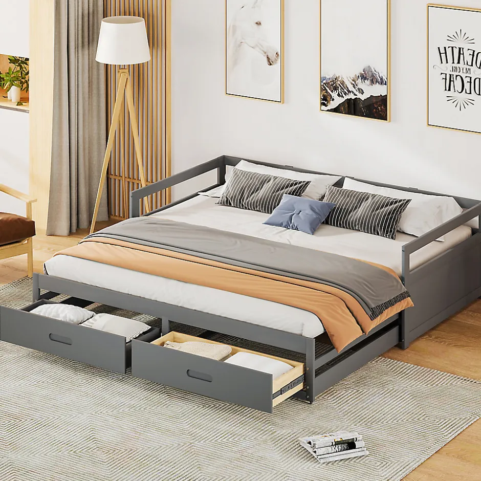 Okwish Lit Gigogne 90/180x190 cm Bois Gris avec Tiroirs et Sommier À Lattes, Multifonction pour Chambre enfant, Gris