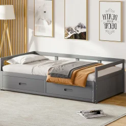 Okwish Lit Gigogne 90/180x190 cm Bois Gris avec Tiroirs et Sommier À Lattes, Multifonction pour Chambre enfant, Gris