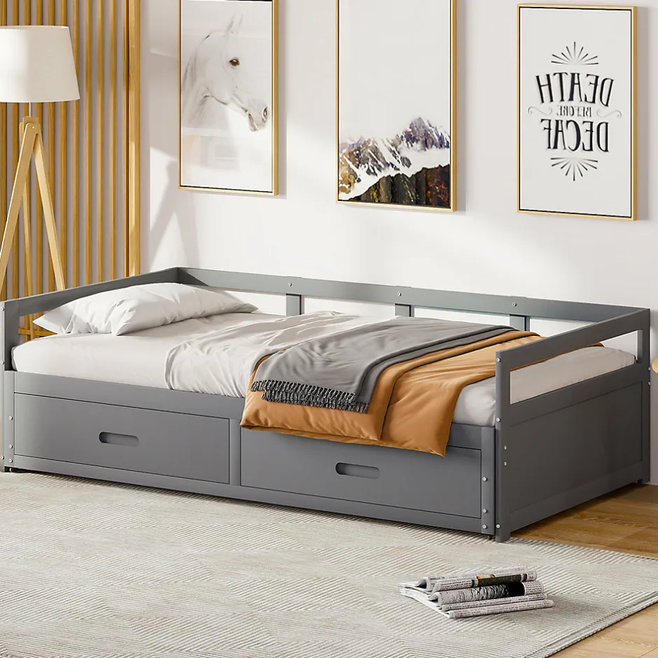 Okwish Lit Gigogne 90/180x190 cm Bois Gris avec Tiroirs et Sommier À Lattes, Multifonction pour Chambre enfant, Gris