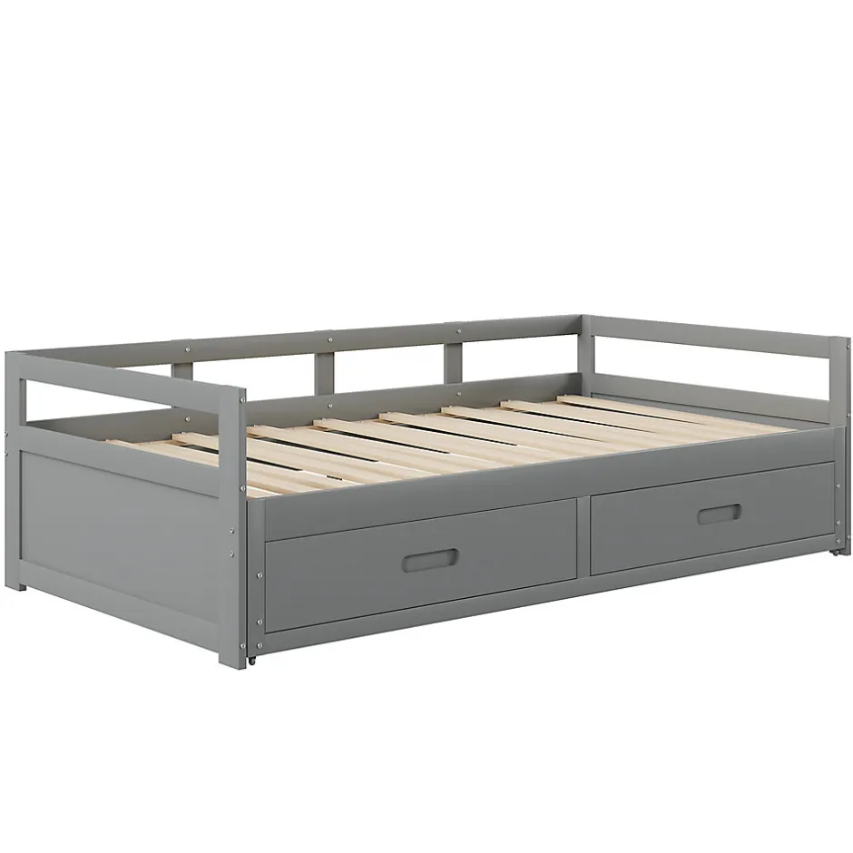 Okwish Lit Gigogne 90/180x190 cm Bois Gris avec Tiroirs et Sommier À Lattes, Multifonction pour Chambre enfant, Gris