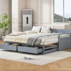Okwish Lit Gigogne 90/180x190 cm Bois Gris avec Tiroirs et Lit Sur Roulettes, Multifonction pour Chambre enfant, Gris Discount
