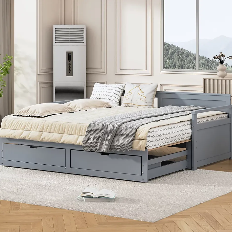 Okwish Lit Gigogne 90/180x190 cm Bois Gris avec Tiroirs et Lit Sur Roulettes, Multifonction pour Chambre enfant, Gris Discount