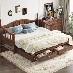 Okwish Lit Gigogne 90/180x190 cm Bois Massif avec Tiroir et Sommier À Lattes, Multifonction pour Chambre enfant Ou Ado, Noyer Outlet