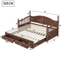 Okwish Lit Gigogne 90/180x190 cm Bois Massif avec Tiroir et Sommier À Lattes, Multifonction pour Chambre enfant Ou Ado, Noyer Outlet