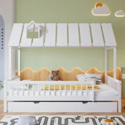 Okwish Lit Gigogne 120x200 cm Cabane enfant avec Tiroirs Rangement, Toit Cheminée, Protection Anti-Chute, Bois, Blanc, Sans Matelas