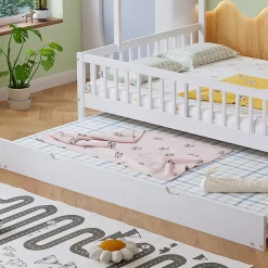 Okwish Lit Gigogne 120x200 cm Cabane enfant avec Tiroirs Rangement, Toit Cheminée, Protection Anti-Chute, Bois, Blanc, Sans Matelas