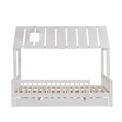 Okwish Lit Gigogne 120x200 cm Cabane enfant avec Tiroirs Rangement, Toit Cheminée, Protection Anti-Chute, Bois, Blanc, Sans Matelas