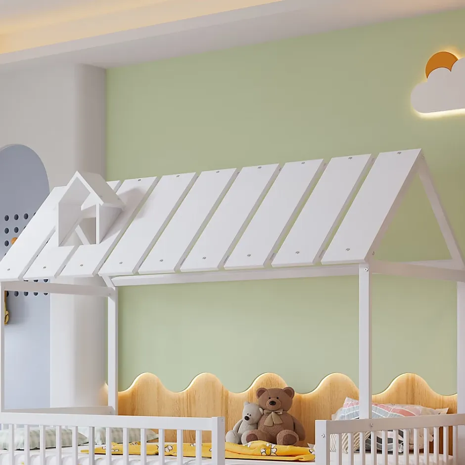 Okwish Lit Gigogne 120x200 cm Cabane enfant avec Tiroirs Rangement, Toit Cheminée, Protection Anti-Chute, Bois, Blanc, Sans Matelas