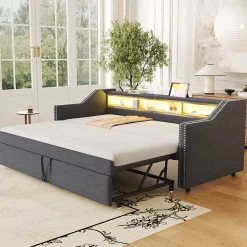 Okwish Lit Gigogne 90/180x190 cm capitonné - avec Led, Usb et Rangement, Sans Matelas, en Tissu Gris Foncé