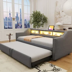 Okwish Lit Gigogne 90/180x190 cm capitonné - avec Led, Usb et Rangement, Sans Matelas, en Tissu Gris Foncé