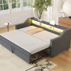 Okwish Lit Gigogne 90/180x190 cm capitonné - avec Led, Usb et Rangement, Sans Matelas, en Tissu Gris Foncé