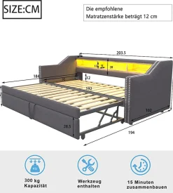 Okwish Lit Gigogne 90/180x190 cm capitonné - avec Led, Usb et Rangement, Sans Matelas, en Tissu Gris Foncé