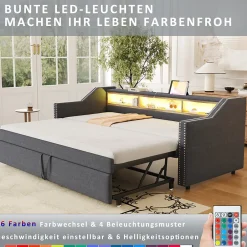 Okwish Lit Gigogne 90/180x190 cm capitonné - avec Led, Usb et Rangement, Sans Matelas, en Tissu Gris Foncé
