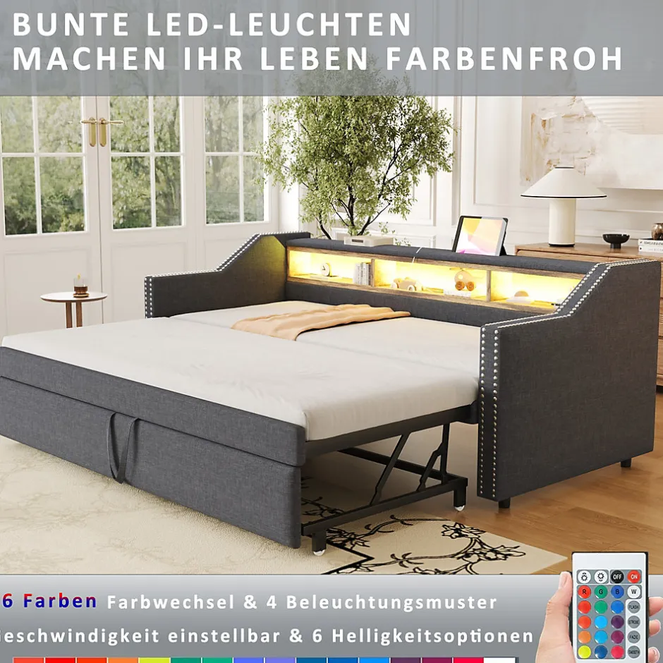 Okwish Lit Gigogne 90/180x190 cm capitonné - avec Led, Usb et Rangement, Sans Matelas, en Tissu Gris Foncé