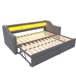 Okwish Lit Gigogne 90/180x190 cm capitonné - avec Led, Usb et Rangement, Sans Matelas, en Tissu Gris Foncé
