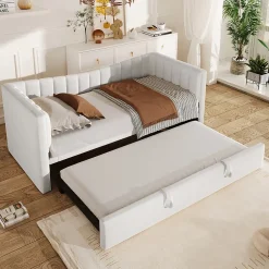 Okwish Lit gigogne 90x200 cm capitonné extensible 180x200 cm avec tiroir et sommier - 2 couchages - velours blanc - sans matelas Clearance