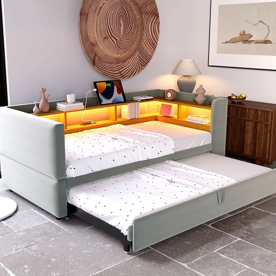 Okwish Lit Gigogne 90/180x190 cm Convertible avec LED et Prise USB, Rangement sous le Lit, Tissu Flanelle Gris Clair, Sans Matelas
