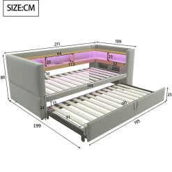 Okwish Lit Gigogne 90/180x190 cm Convertible avec LED et Prise USB, Rangement sous le Lit, Tissu Flanelle Gris Clair, Sans Matelas