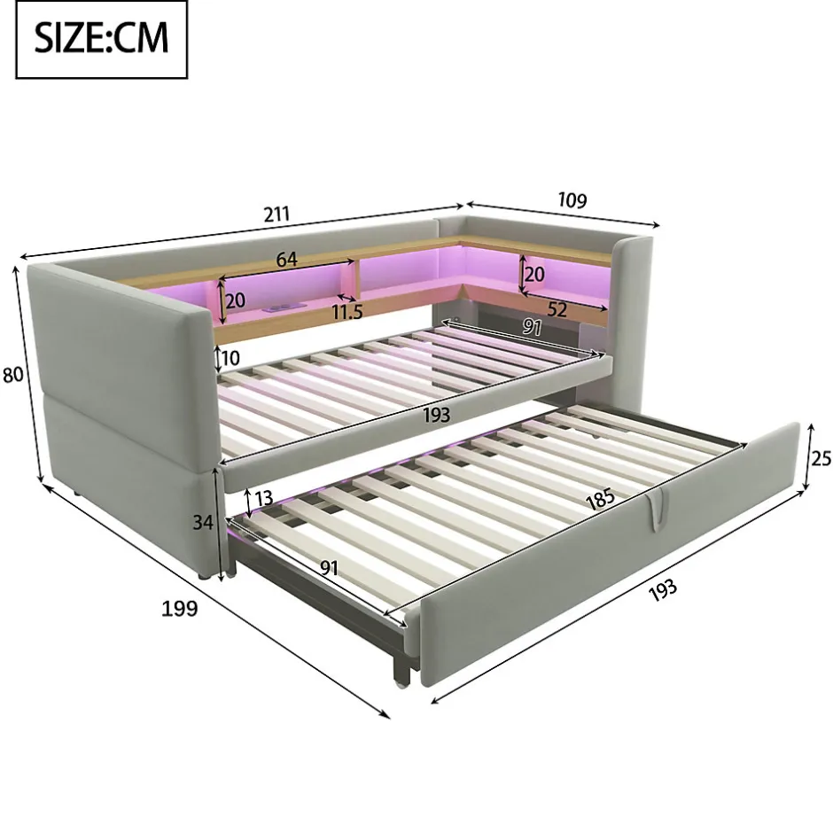 Okwish Lit Gigogne 90/180x190 cm Convertible avec LED et Prise USB, Rangement sous le Lit, Tissu Flanelle Gris Clair, Sans Matelas
