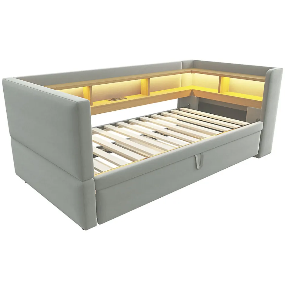 Okwish Lit Gigogne 90/180x190 cm Convertible avec LED et Prise USB, Rangement sous le Lit, Tissu Flanelle Gris Clair, Sans Matelas