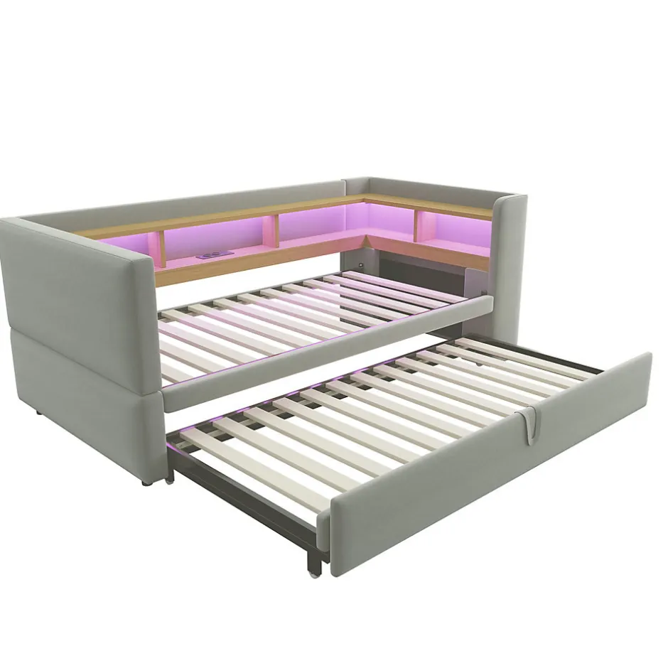 Okwish Lit Gigogne 90/180x190 cm Convertible avec LED et Prise USB, Rangement sous le Lit, Tissu Flanelle Gris Clair, Sans Matelas