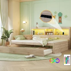 Okwish Lit gigogne 140x200 cm double avec tiroir coulissant, LED télécommandée, ports USB, prise électrique et rangement - bois naturel