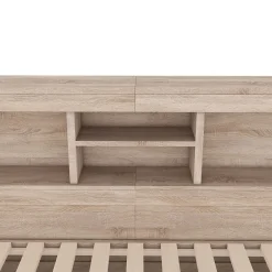Okwish Lit gigogne 140x200 cm double avec tiroir coulissant, LED télécommandée, ports USB, prise électrique et rangement - bois naturel