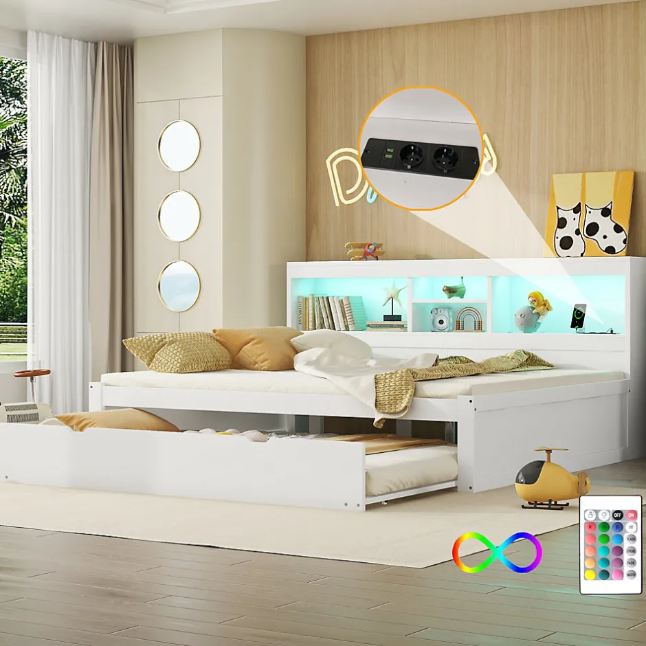 Okwish Lit gigogne 140x200 cm double avec tiroir coulissant, LED télécommandée, ports USB, prise électrique et rangement - blanc