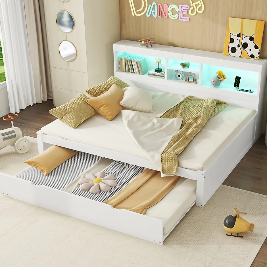 Okwish Lit gigogne 140x200 cm double avec tiroir coulissant, LED télécommandée, ports USB, prise électrique et rangement - blanc