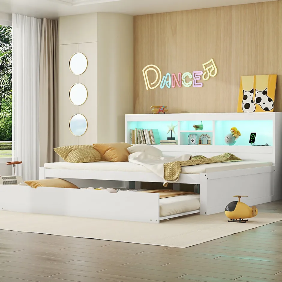 Okwish Lit gigogne 140x200 cm double avec tiroir coulissant, LED télécommandée, ports USB, prise électrique et rangement - blanc