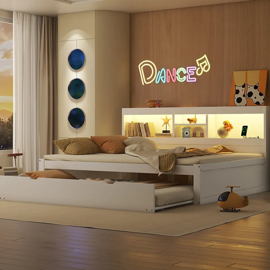 Okwish Lit gigogne 140x200 cm double avec tiroir coulissant, LED télécommandée, ports USB, prise électrique et rangement - blanc