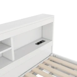 Okwish Lit gigogne 140x200 cm double avec tiroir coulissant, LED télécommandée, ports USB, prise électrique et rangement - blanc