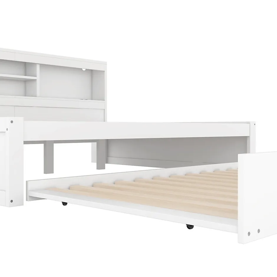Okwish Lit gigogne 140x200 cm double avec tiroir coulissant, LED télécommandée, ports USB, prise électrique et rangement - blanc
