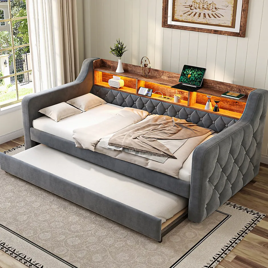 Okwish Lit Gigogne 90x190 cm Gris avec Rangement Intégré, LED et Port USB, Tissu Velours
