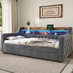 Okwish Lit Gigogne 90x190 cm Gris avec Rangement Intégré, LED et Port USB, Tissu Velours