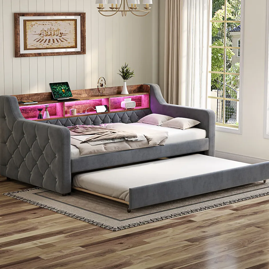 Okwish Lit Gigogne 90x190 cm Gris avec Rangement Intégré, LED et Port USB, Tissu Velours